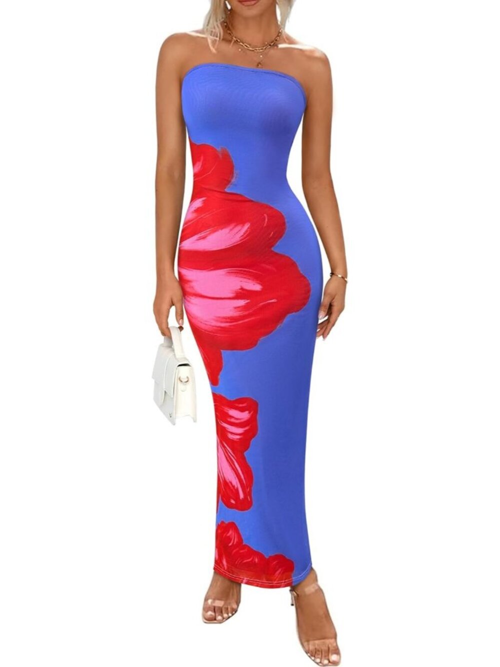 Women's Sexy Blue/Red Floral Strapless Tube Long Bodycon Maxi Club Party Dress